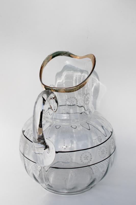 photo of antique blown glass water pitcher w/ hand painted enamel, early 1900s vintage #4