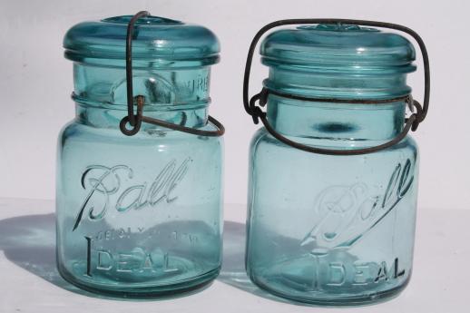 photo of antique  blue Ball mason jar, half dozen vintage  Ball Ideal Mason storage jars #3