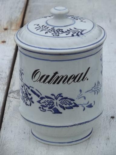 photo of antique blue and white china pantry jar canister for Oatmeal, vintage Germany #1