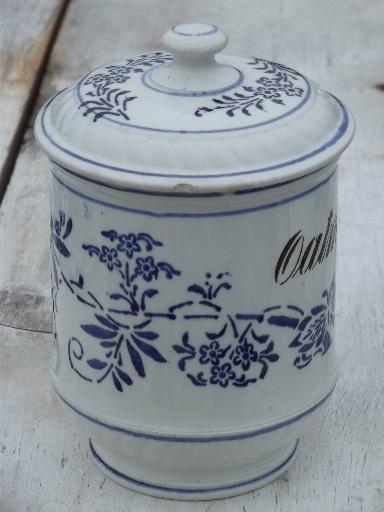 photo of antique blue and white china pantry jar canister for Oatmeal, vintage Germany #6