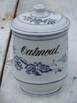 catalog photo of antique blue and white china pantry jar canister for Oatmeal, vintage Germany