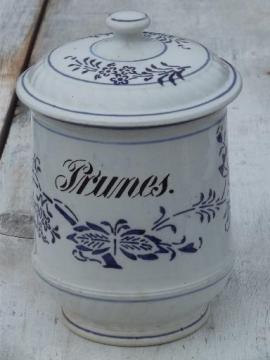 catalog photo of antique blue and white china pantry jar canister for Prunes, vintage Germany