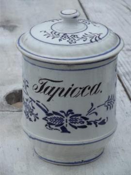 catalog photo of antique blue and white china pantry jar canister for Tapioca, vintage Germany