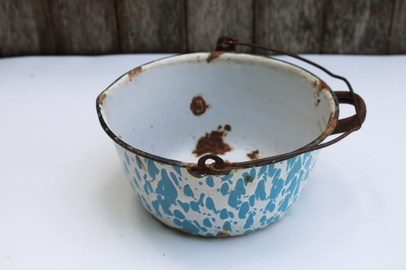 photo of antique blue & white splatterware enamel ware kettle pot w/ wire bail handle, primitive bucket  #7