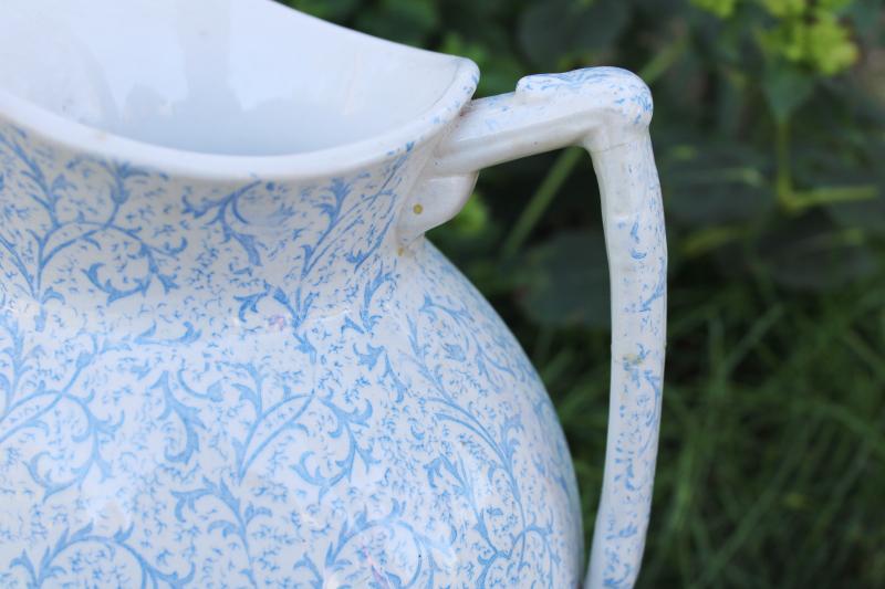 photo of antique blue calico chintz china wash stand pitcher, pale blue & white floral #2