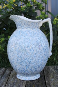 catalog photo of antique blue calico chintz china wash stand pitcher, pale blue & white floral