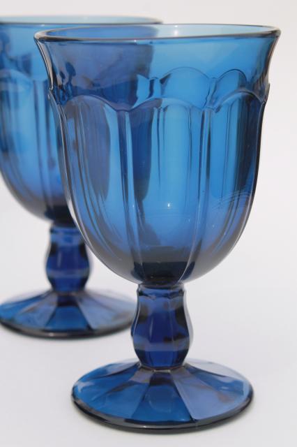 photo of antique blue colored glass water goblets wine glasses, Gibraltar style heavy stemware #2