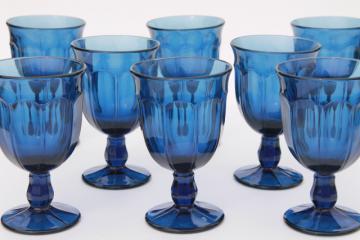 catalog photo of antique blue colored glass water goblets wine glasses, Gibraltar style heavy stemware