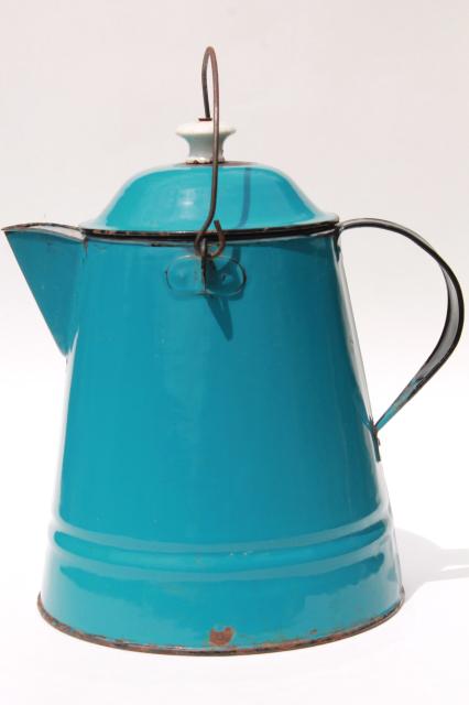 photo of antique blue enamel thresherman's coffeepot, huge old coffee pot from a farm kitchen #4
