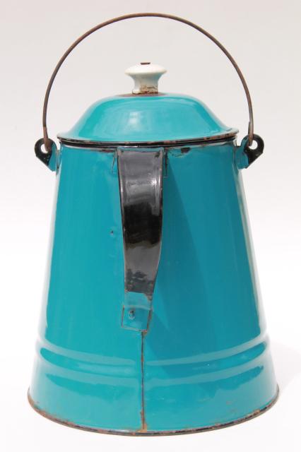 photo of antique blue enamel thresherman's coffeepot, huge old coffee pot from a farm kitchen #5
