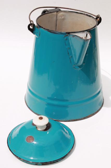 photo of antique blue enamel thresherman's coffeepot, huge old coffee pot from a farm kitchen #7