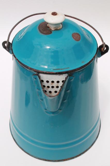 photo of antique blue enamel thresherman's coffeepot, huge old coffee pot from a farm kitchen #10