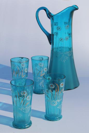photo of antique blue glass lemonade set, tall pitcher & tumblers w/ hand painted enamel flowers #1