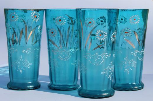 photo of antique blue glass lemonade set, tall pitcher & tumblers w/ hand painted enamel flowers #3