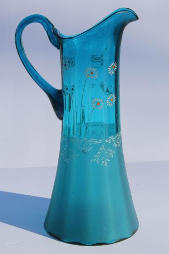 photo of antique blue glass lemonade set, tall pitcher & tumblers w/ hand painted enamel flowers #6