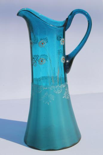 photo of antique blue glass lemonade set, tall pitcher & tumblers w/ hand painted enamel flowers #8