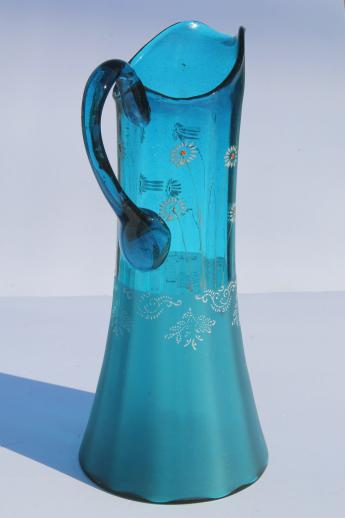 photo of antique blue glass lemonade set, tall pitcher & tumblers w/ hand painted enamel flowers #9