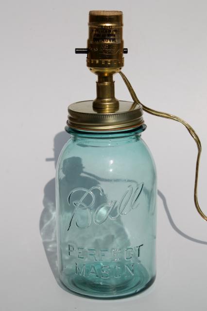 photo of antique blue glass mason jar w/ electric light, primitive country table lamp #1