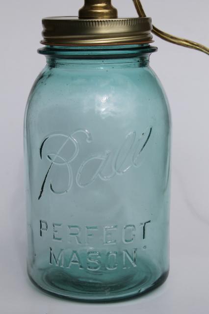 photo of antique blue glass mason jar w/ electric light, primitive country table lamp #2