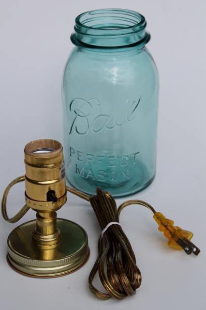 photo of antique blue glass mason jar w/ electric light, primitive country table lamp #3