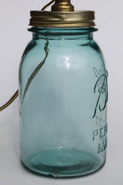 photo of antique blue glass mason jar w/ electric light, primitive country table lamp #5