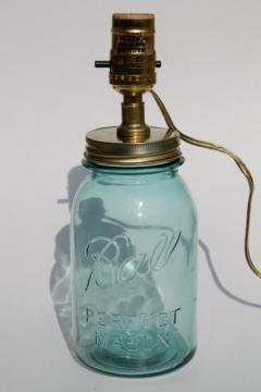 catalog photo of antique blue glass mason jar w/ electric light, primitive country table lamp