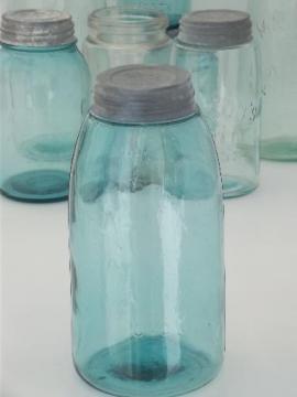 catalog photo of antique blue glass mason jar, old zinc lid 2 qt fruit jar w/ 1858 patent date 