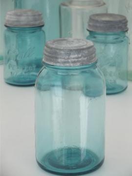 catalog photo of antique blue glass mason jar, old zinc lid Ball jar, vintage canning jar 