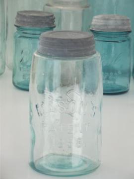 catalog photo of antique blue glass mason jar, old zinc lid canning jar w/ 1858 patent date