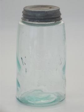 catalog photo of antique blue glass mason jar, old zinc lid canning jar w/ 1858 patent date 