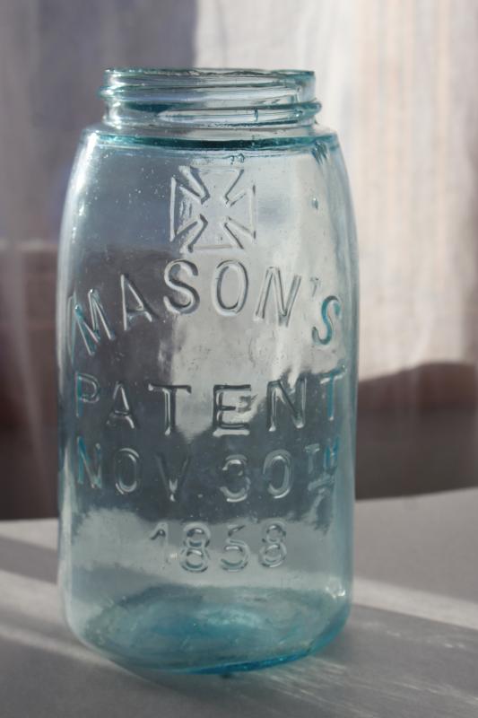 photo of antique blue green glass Mason jar, embossed 1858 Mason's cross & 1867 patent date #1