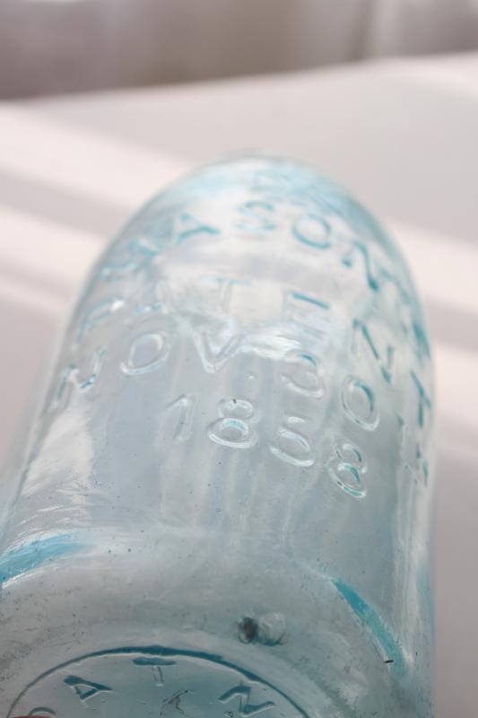 photo of antique blue green glass Mason jar, embossed 1858 Mason's cross & 1867 patent date #4