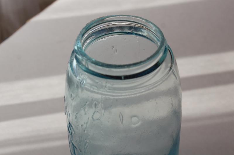 photo of antique blue green glass Mason jar, embossed 1858 Mason's cross & 1867 patent date #6