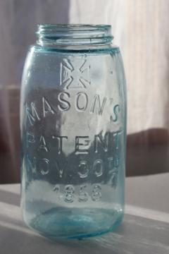 antique blue green glass Mason jar, embossed 1858 Mason's cross & 1867 patent date