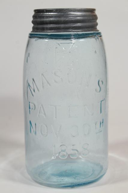 photo of antique blue green glass Mason jar, old zinc lid 2 qt fruit jar w/ 1858 patent date #1