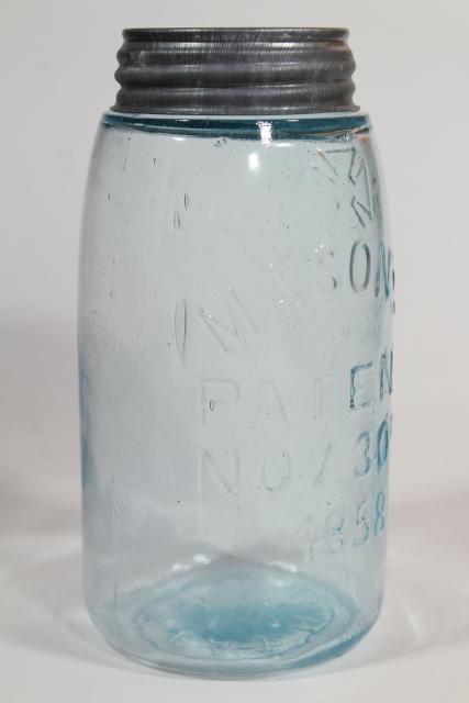 photo of antique blue green glass Mason jar, old zinc lid 2 qt fruit jar w/ 1858 patent date #3