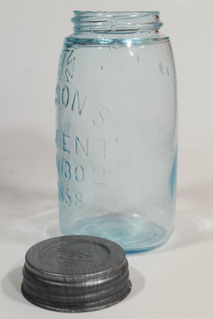 photo of antique blue green glass Mason jar, old zinc lid 2 qt fruit jar w/ 1858 patent date #4