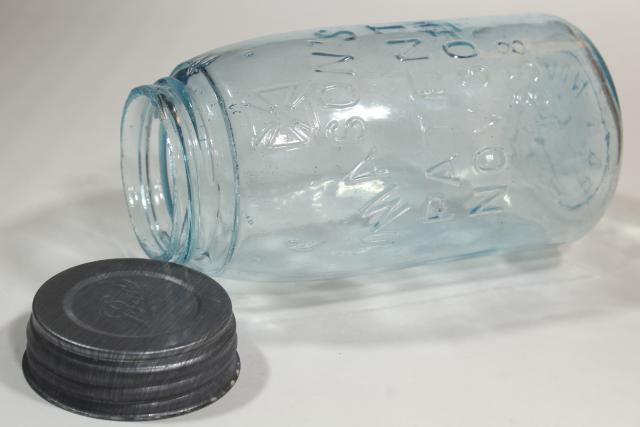 photo of antique blue green glass Mason jar, old zinc lid 2 qt fruit jar w/ 1858 patent date #6