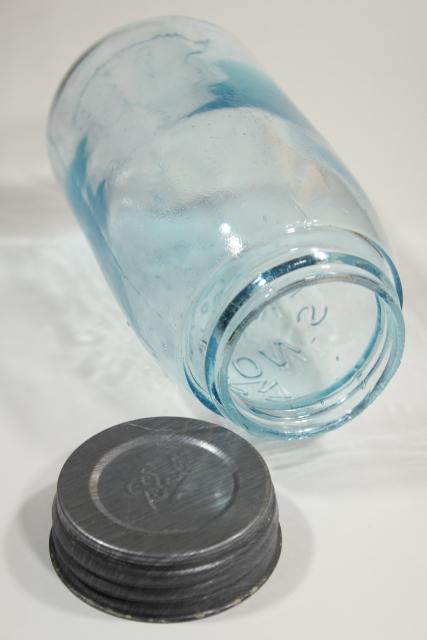 photo of antique blue green glass Mason jar, old zinc lid 2 qt fruit jar w/ 1858 patent date #7