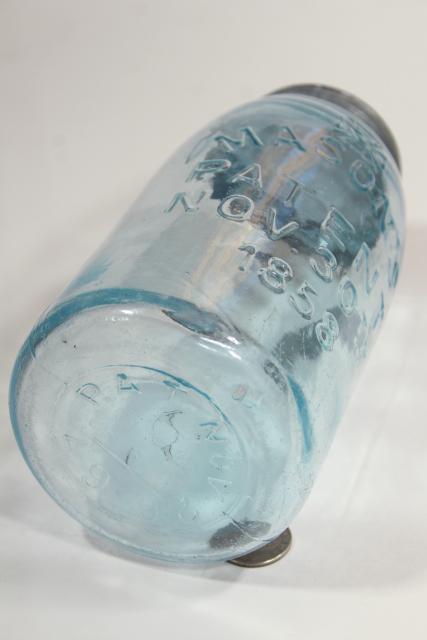 photo of antique blue green glass Mason jar, old zinc lid 2 qt fruit jar w/ 1858 patent date #8