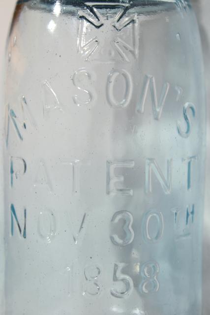 photo of antique blue green glass Mason jar, old zinc lid 2 qt fruit jar w/ 1858 patent date #9