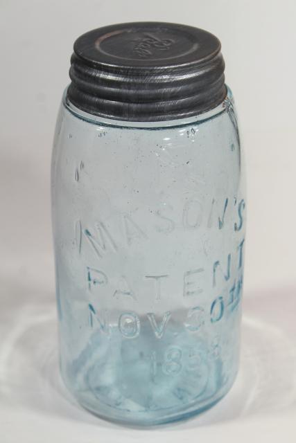 photo of antique blue green glass Mason jar, old zinc lid 2 qt fruit jar w/ 1858 patent date #10