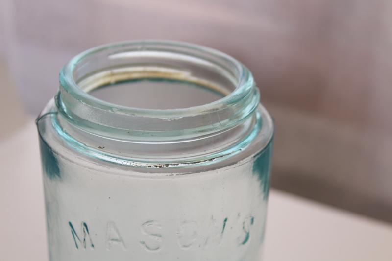 photo of antique blue green glass mason jar, old pint size fruit jar w/ 1858 Masons patent date #2
