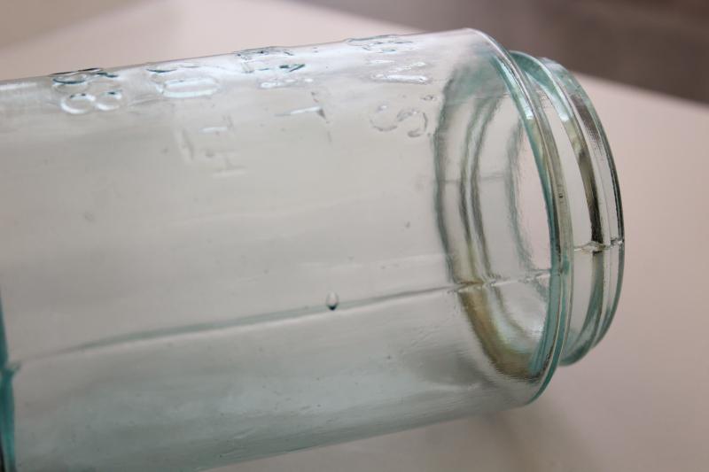 photo of antique blue green glass mason jar, old pint size fruit jar w/ 1858 Masons patent date #5
