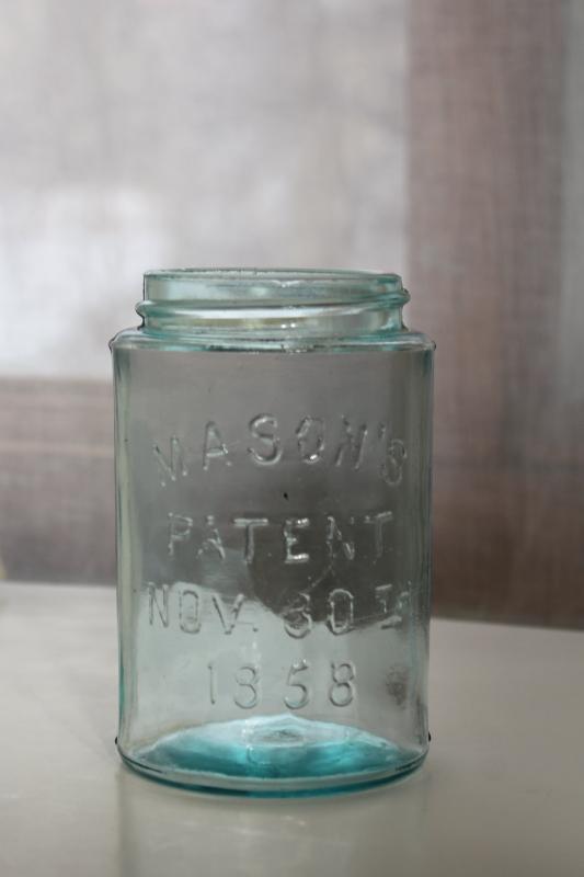 photo of antique blue green glass mason jar, old pint size fruit jar w/ 1858 Masons patent date #6