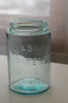photo of antique blue green glass mason jar, old pint size fruit jar w/ 1858 Masons patent date