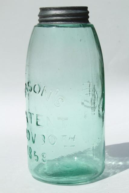 photo of antique blue green glass mason jar, old zinc lid 2 qt fruit jar w/ 1858 patent date  #3