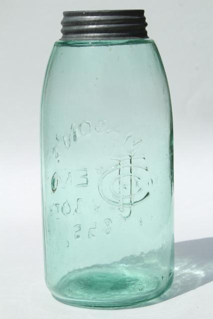 photo of antique blue green glass mason jar, old zinc lid 2 qt fruit jar w/ 1858 patent date  #4