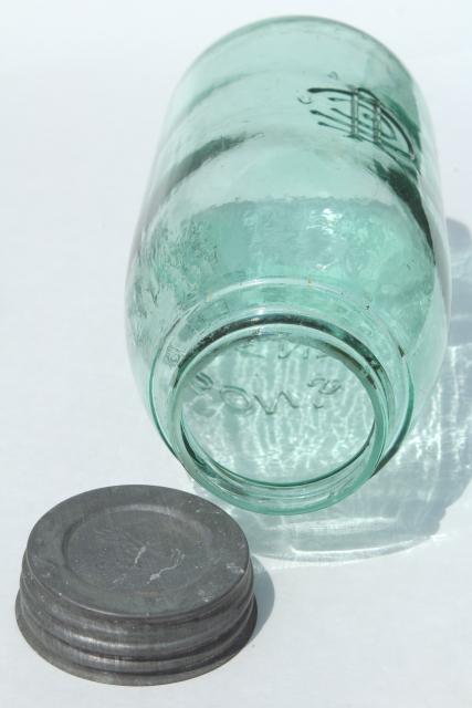 photo of antique blue green glass mason jar, old zinc lid 2 qt fruit jar w/ 1858 patent date  #5