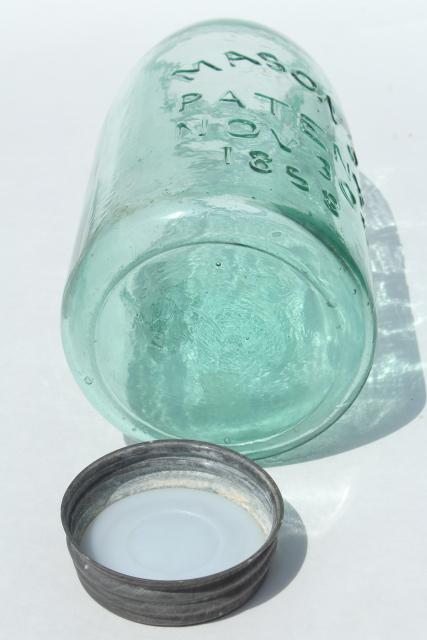 photo of antique blue green glass mason jar, old zinc lid 2 qt fruit jar w/ 1858 patent date  #6